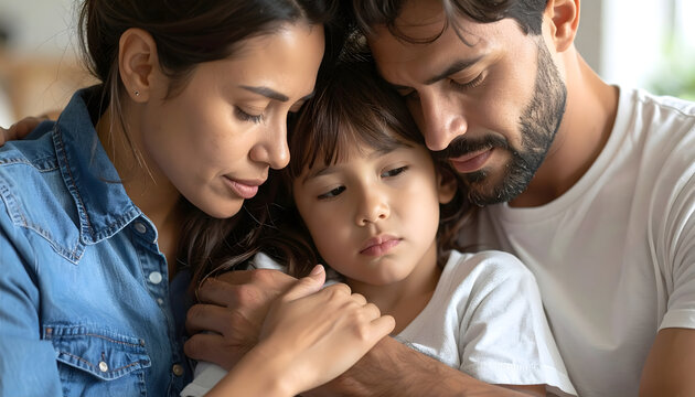 A happy family group including a smiling father, mother, and their children enjoy togetherness and love while the dad plays with his son and daughter