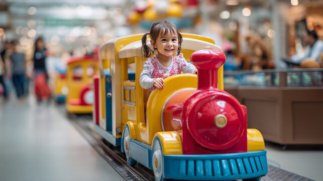 Little girl enjoying a children's train ride in a shopping mall play area, representing playful entertainment and family leisure time. 