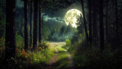 Fototapeta premium Forest track lit by large moon over grassy clearing