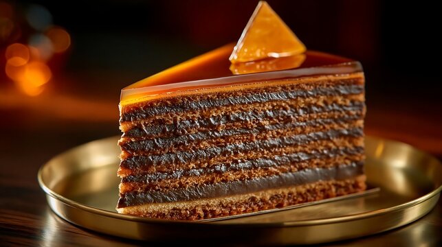 Slice of traditional Dobos torte cake with caramel glaze on gold plate