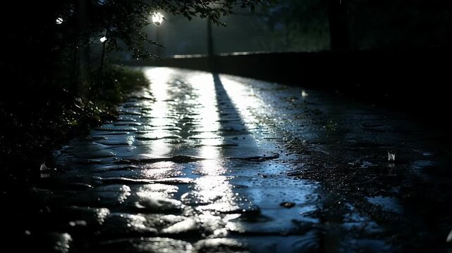 Dark rainy night with heavy rain cascade concept. Wet cobblestone pathway reflecting light on a rainy night in a dark outdoor setting