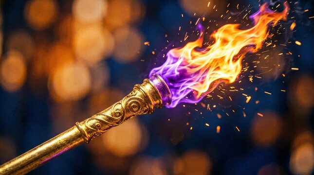 Golden Magic Staff with Vibrant Flame and Sparks