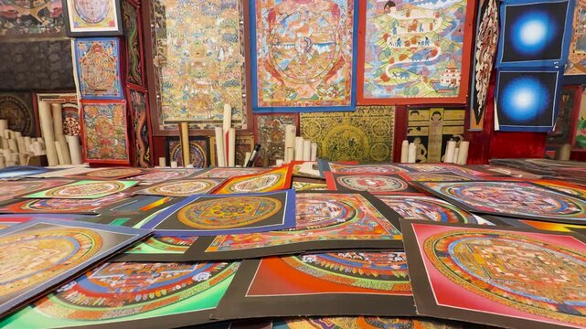 POV of Person Browsing Mandala Paintings in a Nepal Workshop