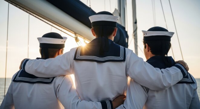 Three sailors standing on sailboat deck at sunset. Group of man friends in navy uniform embracing during sea voyage. Nautical adventure, military friendship, teamwork and travel lifestyle.