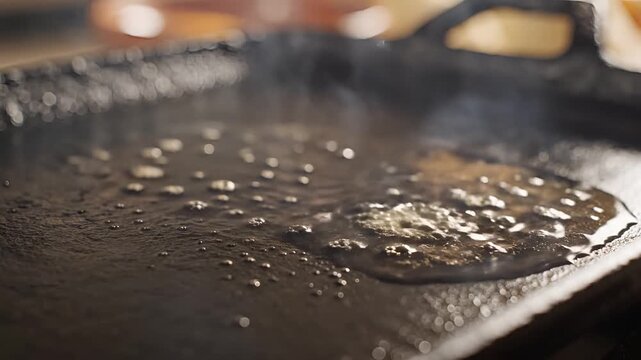 Closeup of oil sizzling on a hot griddle preparing food.