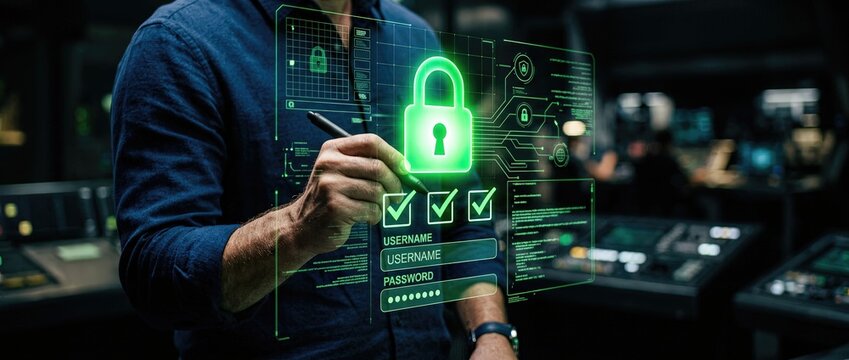 Cybersecurity measures in action protecting sensitive data in a high-tech control room environment focusing on user authentication and data integrity