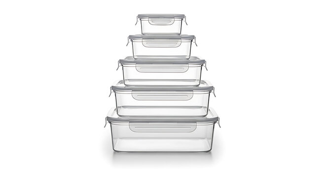 Stackable Clear Rectangular Food Storage Containers with Gray Lids on White Background