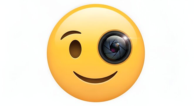 Smiling yellow emoji with camera lens for eye on white background symbolizing photography and fun