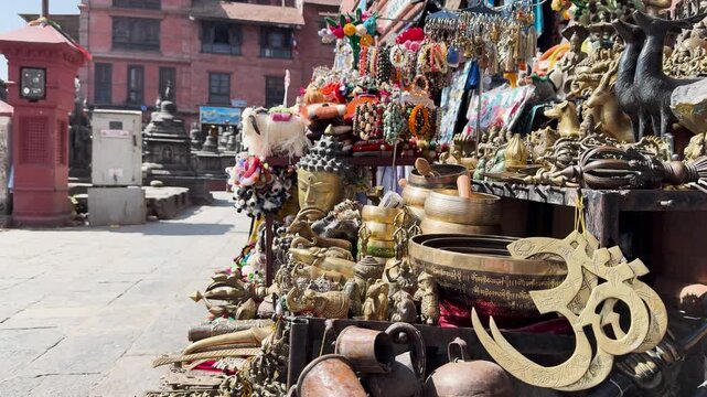 Souvenir Market Stall with Singing Bowls and Crafts in Nepal