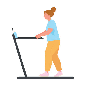 Obese woman running on treadmill. Overweight lady doing cardio cartoon vector illustration