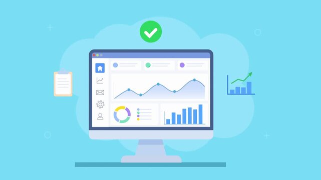 Flat vector animation of a desktop analytics dashboard with charts, check mark, and document icon. Concept of report tracking, approval workflow, and verified business data insights.