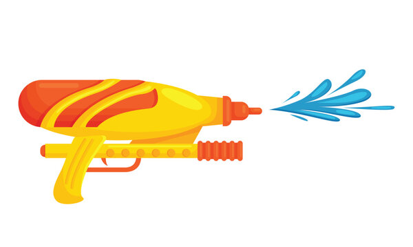 Water pistol shoot splash. Summer game with water gun, kids outdoor activity cartoon vector illustration