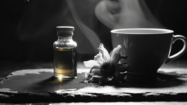 Black and white monochrome serene aromatherapy scene, pouring oil, cup of tea, and flower on slate surface