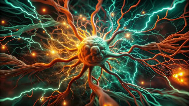 Brain CT showing active prefrontal cortex concept. Detailed close up of a glowing human nerve cell with electric impulses and vibrant neural connections in the brain