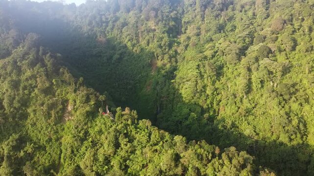 Drone footage shows a tropical forest landscape on the island of Java, Indonesia. The footage still appears flat, suitable for grading videos. The camera moves to the right.