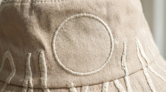 Close-up view of a beige fabric hat with white stitching and fringe details on the brim.