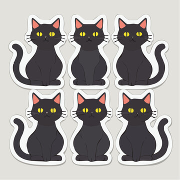 Six Cute Black Cat Stickers with Yellow Eyes