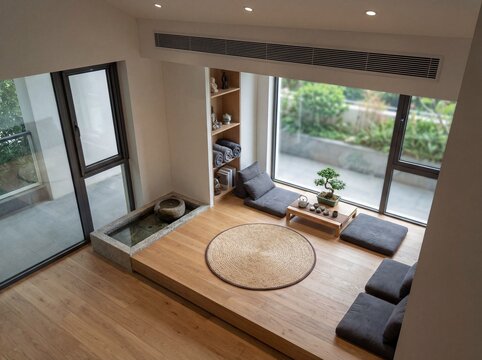 Modern minimalist interior design featuring a serene relaxation space with large windows, a wooden platform, floor cushions, and a small water feature, creating a peaceful home environment