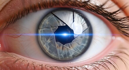 Naklejka premium Close up of a human eye with a blue iris and a bright light shining through a cracked glass effect