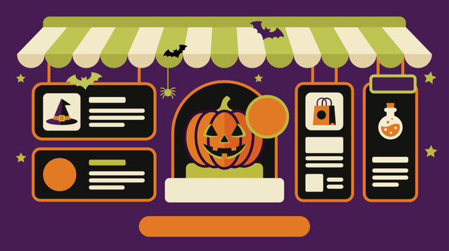 Purple background with green-striped awning. Central pumpkin faces with carved grin. Orange button sits below, inviting action. Left panel shows witch hat and round icon