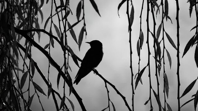 Black and white silhouette of a songbird perched on a tree branch among willow tree leaves