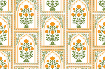 Mughal floral seamless pattern with traditional arch panels and botanical flower motifs. Vintage Mughal floral seamless textile pattern with ornamental panel design and botanical flowers. © Design 35