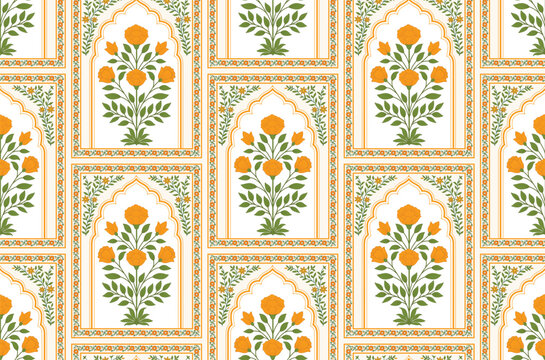 Mughal floral seamless pattern with traditional arch panels and botanical flower motifs. Vintage Mughal floral seamless textile pattern with ornamental panel design and botanical flowers.
