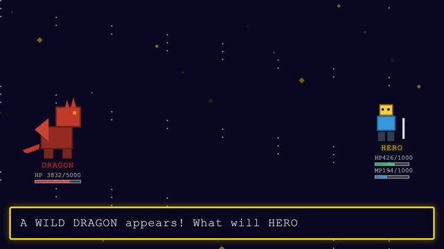 Retro Pixel Art Role Playing Game Battle Interface with Dragon Boss and Hero Character Commands