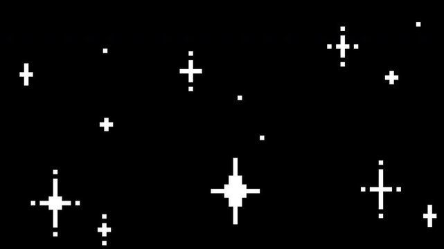 Pixel art star sparkle seamless loop animation with twinkling elements. 8bit style background for decorative use, interface design and game visuals.