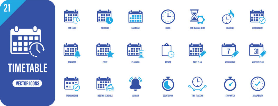 Timetable Schedule Icon Set &ndash; Calendar Time Management and Planning Symbols Collection