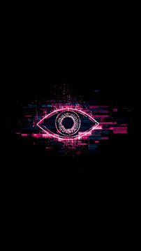 Futuristic Digital Eye with Abstract Glitch Effect Symbolizing Technology and Surveillance on Black Background