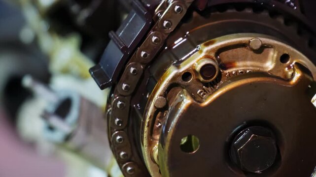 Steel multi strand chain transmits torque from crankshaft. Complex mechanism operates in vehicle service center during repair process