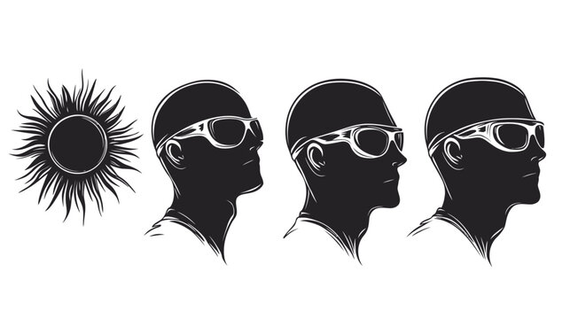 Black and white illustration of sun and three silhouetted head profiles, wearing glasses
