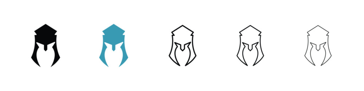 Warrior mask icon in line art style on white background for graphic and web design.