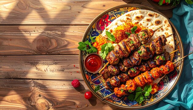 Turkish and Arabic Traditional Ramadan mix kebab plate. Kebab adana, chicken, lamb and beef on lavash bread with sauce. Top view
