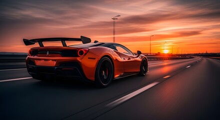 Fototapeta premium A vibrant orange supercar driving on an open road during a dramatic sunset. The warm lighting and wide road perspective create a powerful sense of freedom, speed, and luxury travel.