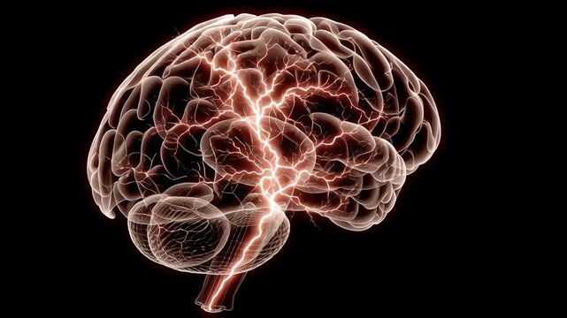Brain CT showing active prefrontal cortex concept. Detailed glowing human brain illustration with neural network and electric impulses concept
