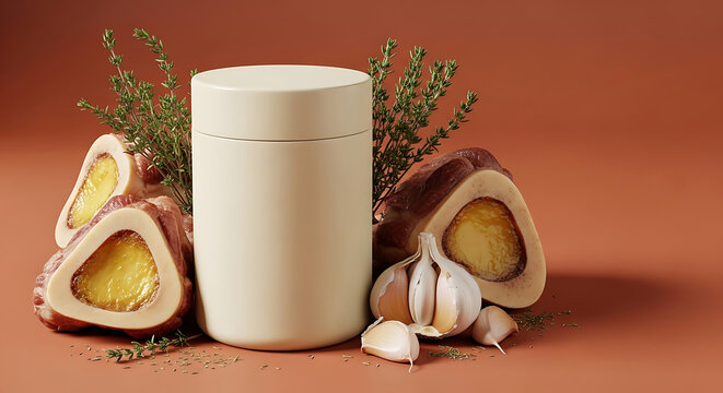 Bone Broth or Collagen Supplement Container with Marrow Bones, Garlic and Fresh Thyme on Terracotta Background