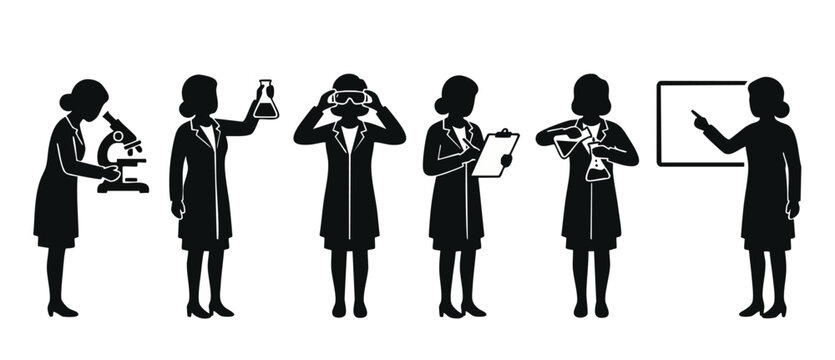 Scientist woman icon set in lab coat working with equipment. Black silhouettes of female researchers using microscope, chemicals, clipboard, and presentation board for medical laboratory analysis.