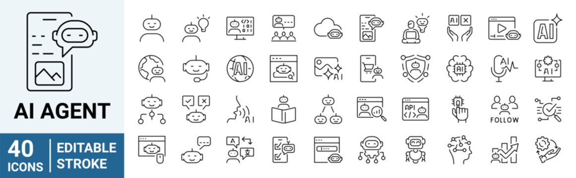 Set of 40 outline icons related to AI agent. Linear icon collection. Editable stroke. Vector illustration