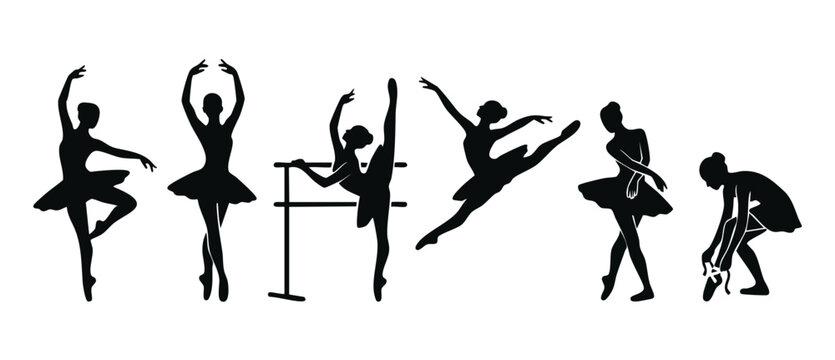 Ballerina silhouette set, ballet dancer posing, dance performance vector icons collection. Elegant female gymnast in tutu skirt moving, ballet studio practice, graceful artistic choreography and class