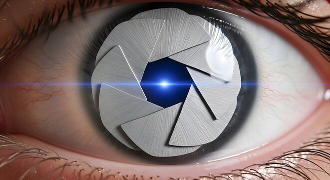 Close up of human eye with camera shutter iris and blue light beam focus