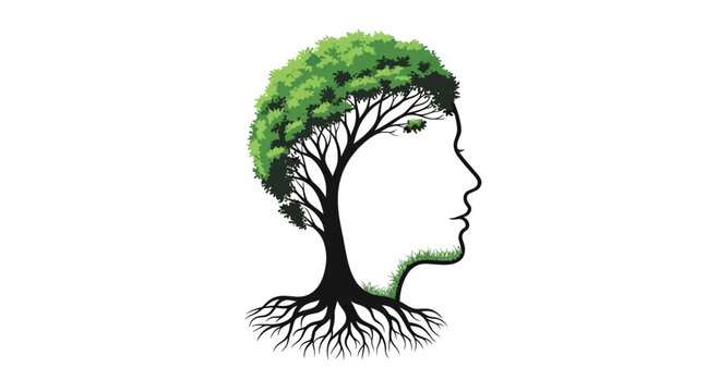 Human Head Silhouette Merged with Tree of Life, Symbolizing Growth and Nature
