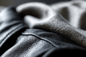 Fototapeta premium This close-up image focuses on the soft textures of woolen and leather materials, illustrating the interplay of fashion, comfort, and luxury in textile design.