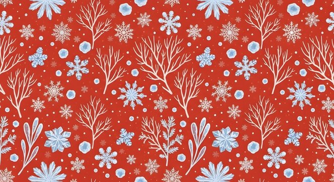 Red background, with white and, blue snowflake and, star pattern white snowflakes