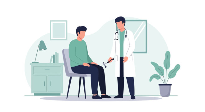 Doctor examining patient's knee reflex with reflex hammer in clinic office