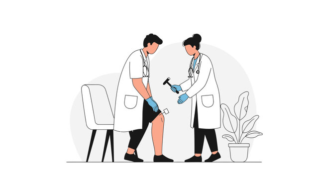 Doctor examining patient's knee reflex with reflex hammer, medical checkup