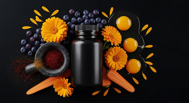 Eye Health Supplement Bottle with Blueberries Saffron Marigold Flowers and Carrots on Black Background