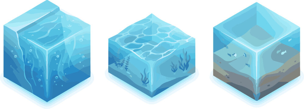 Isolated a realistic kinds of deferent Cross section of water cube 3d rendering vector art with white background.