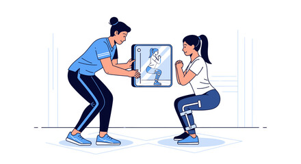 Fototapeta premium Fitness trainer guiding woman doing squats using virtual reality fitness app on screen